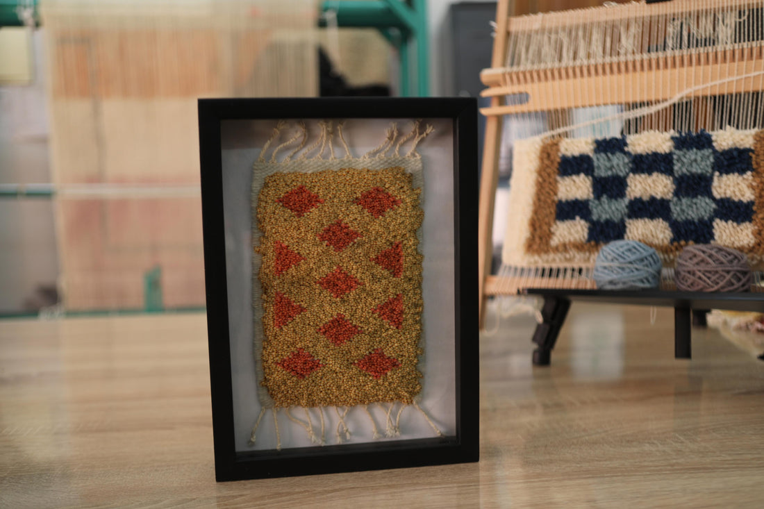 moroccan rug wall art, red diamond moroccan rug, hand knotted mini rug, framed wool tapestry, boho wall decor, moroccan home accessory, small moroccan rug art, knot by knot weaving, artisan wool rug, 25x31 cm wall hanging
