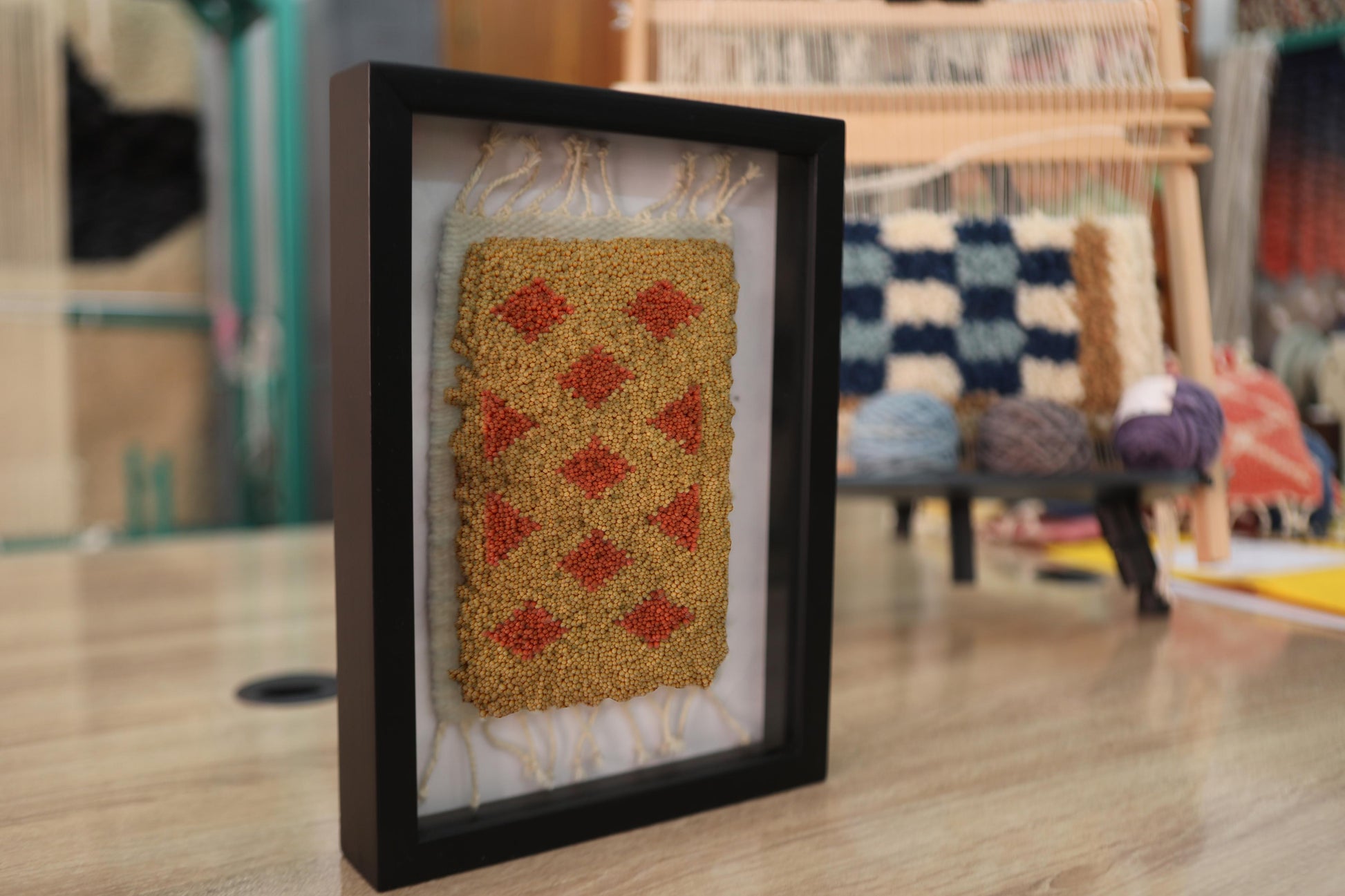 moroccan rug wall art, red diamond moroccan rug, hand knotted mini rug, framed wool tapestry, boho wall decor, moroccan home accessory, small moroccan rug art, knot by knot weaving, artisan wool rug, 25x31 cm wall hanging
