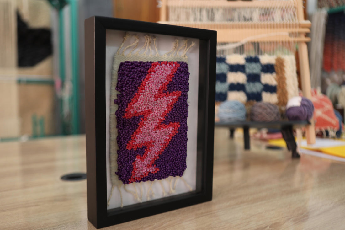 moroccan rug wall art, red pink lightning bolt textile, framed wool mini rug, hand-knotted purple tapestry, lightning decor art, knot by knot moroccan rug, small rug for wall, artisan lightning rug
