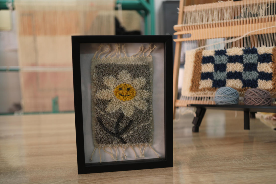 Smiling Daisy Hand-Knotted Moroccan Rug Wall Art – Framed Wool Tapestry (25x31 cm)