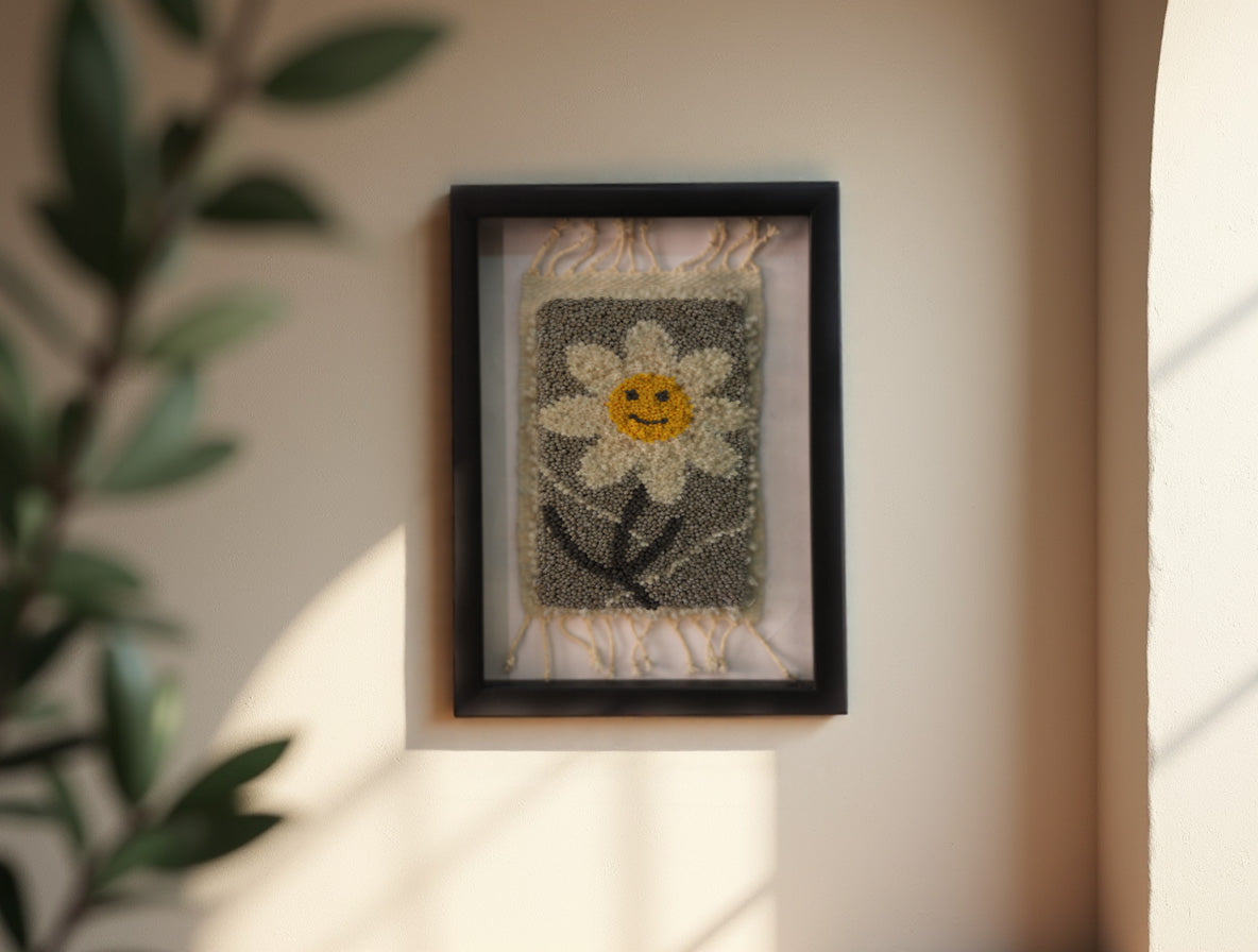 Smiling Daisy Hand-Knotted Moroccan Rug Wall Art – Framed Wool Tapestry (25x31 cm)