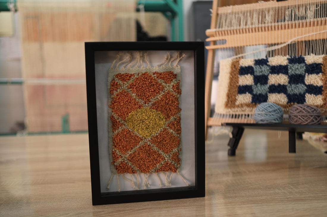 moroccan rug wall art, sun medallion rug, framed mini moroccan tapestry, orange yellow moroccan rug, hand knotted textile art, boho wall decor, artisan wool rug, knot by knot rug, 25x31 cm framed rug, berber style mini rug
