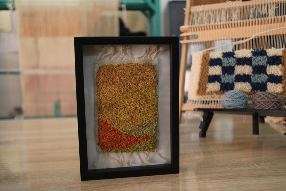moroccan rug wall art, sunset field tapestry, framed moroccan rug, hand knotted mini rug, orange and yellow wall art, artisan textile, small moroccan rug decor, knot by knot weaving, 25x31 cm framed rug, boho home art
