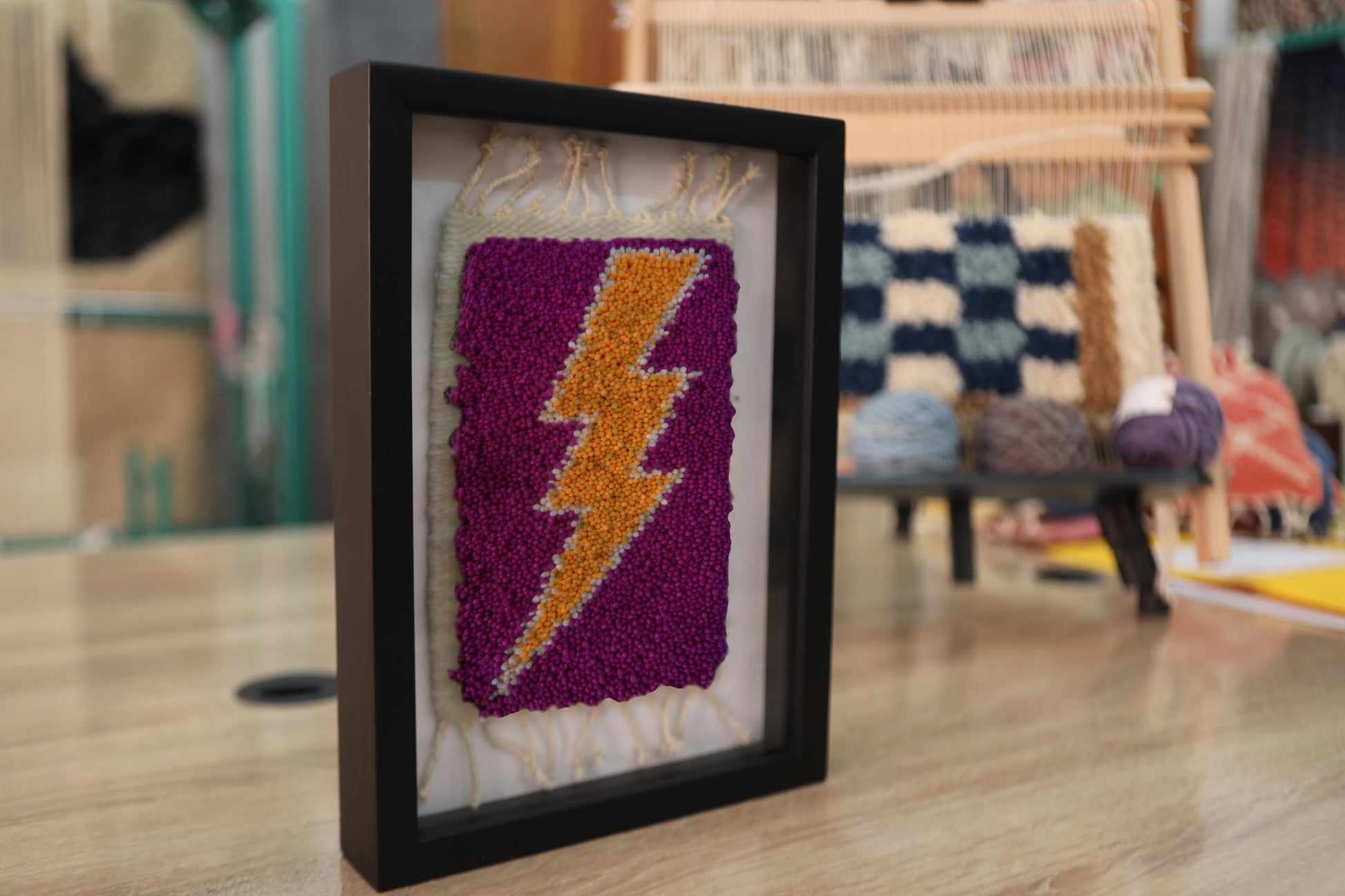 moroccan rug wall art, yellow lightning bolt decor, magenta wool textile, framed moroccan mini rug, knot by knot rug art, small wall tapestry, handmade boho art, 25x31 cm

