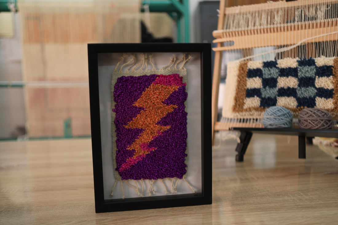 moroccan rug wall decor, yellow orange lightning bolt rug, hand knotted wool textile, framed mini moroccan rug, boho wall art, wool weaving wall piece, purple background rug, 25x31 cm

