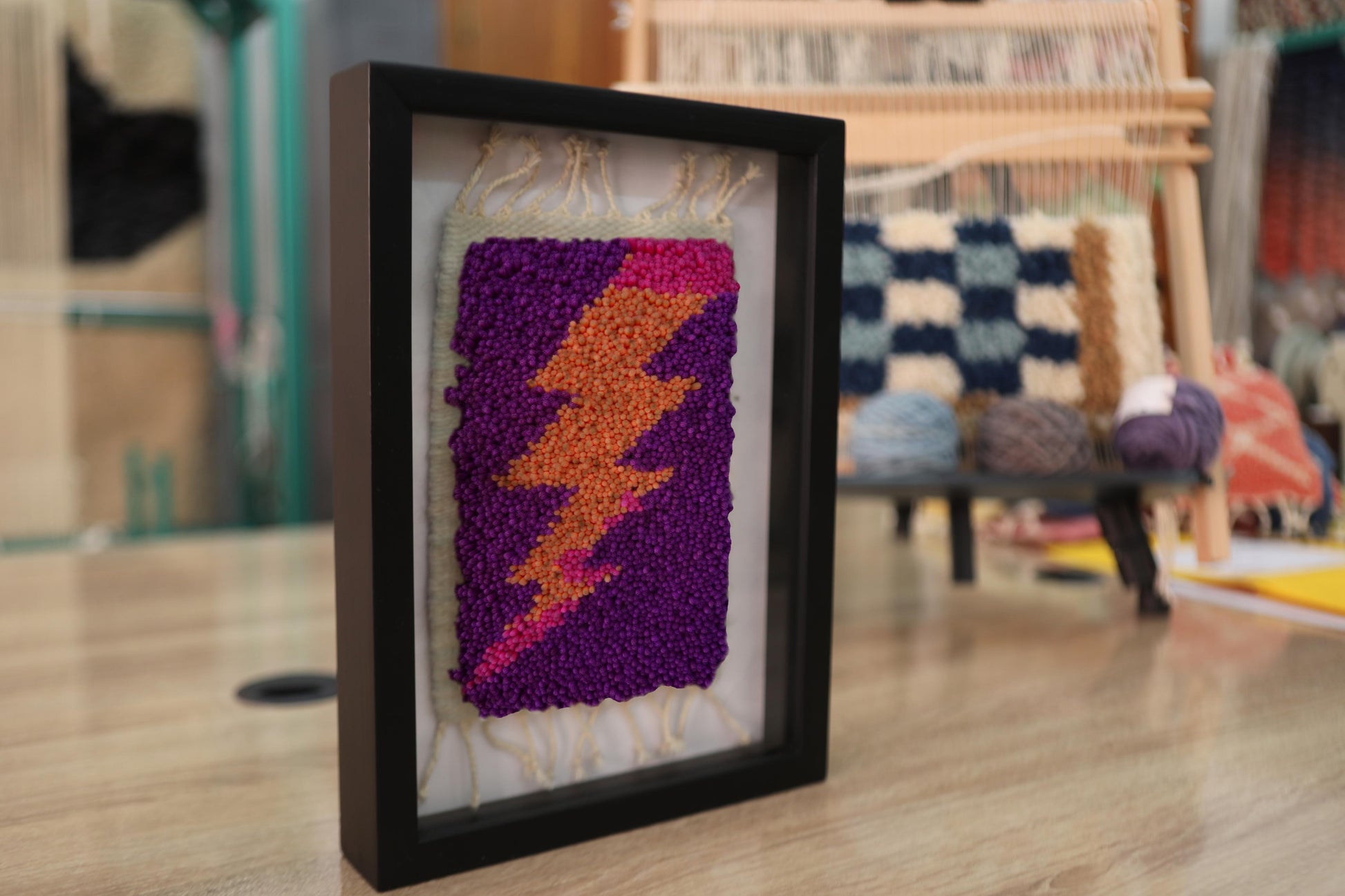 moroccan rug wall decor, yellow orange lightning bolt rug, hand knotted wool textile, framed mini moroccan rug, boho wall art, wool weaving wall piece, purple background rug, 25x31 cm

