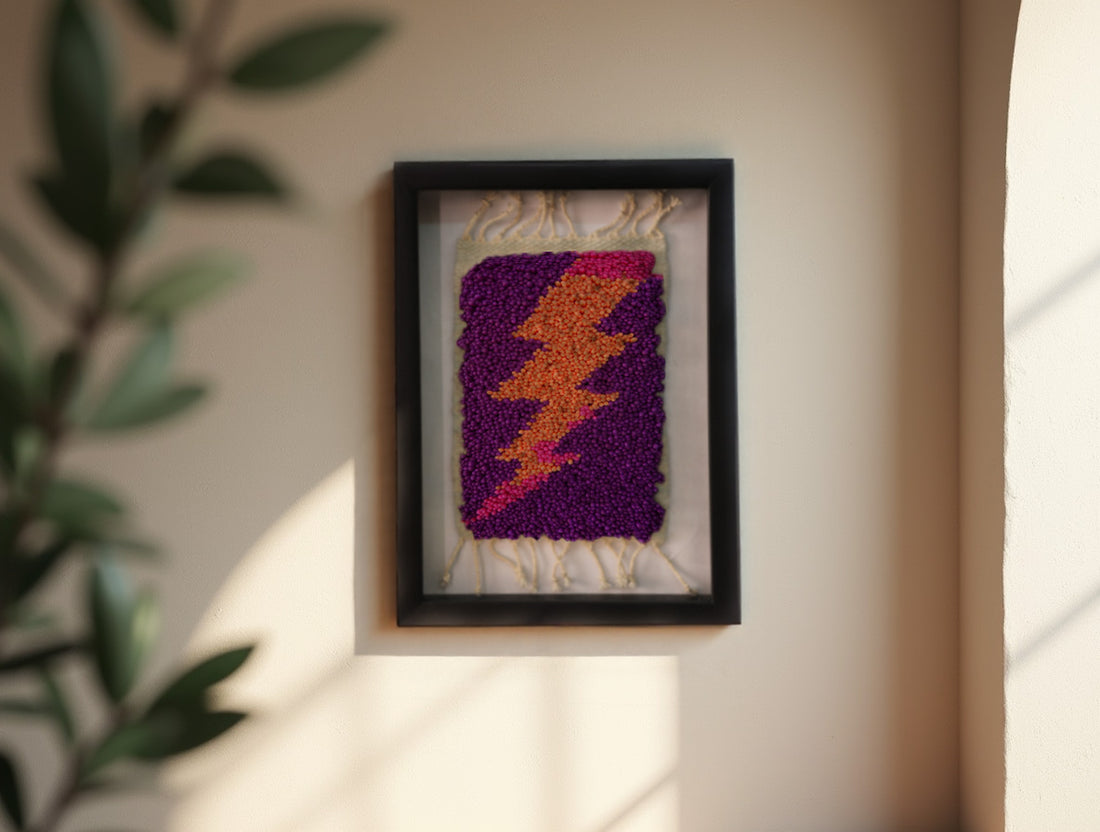 moroccan rug wall decor, yellow orange lightning bolt rug, hand knotted wool textile, framed mini moroccan rug, boho wall art, wool weaving wall piece, purple background rug, 25x31 cm

