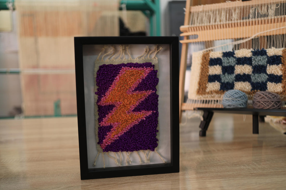 moroccan rug wall hanging, orange lightning bolt textile art, hand knotted wool rug, framed moroccan decor, purple mini rug, wool wall art, boho modern fiber art, 25x31 cm
