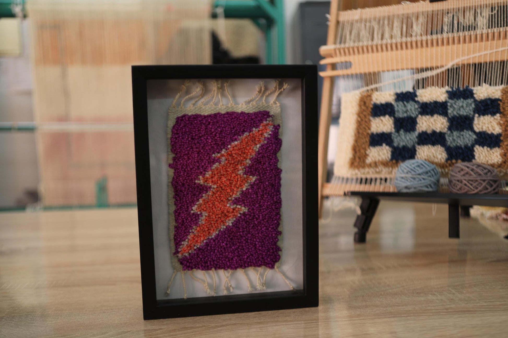 moroccan rug wall hanging, red orange lightning bolt textile, pink wool rug art, hand knotted fiber art, framed mini rug, boho moroccan decor, wool lightning art, 25x31 cm
