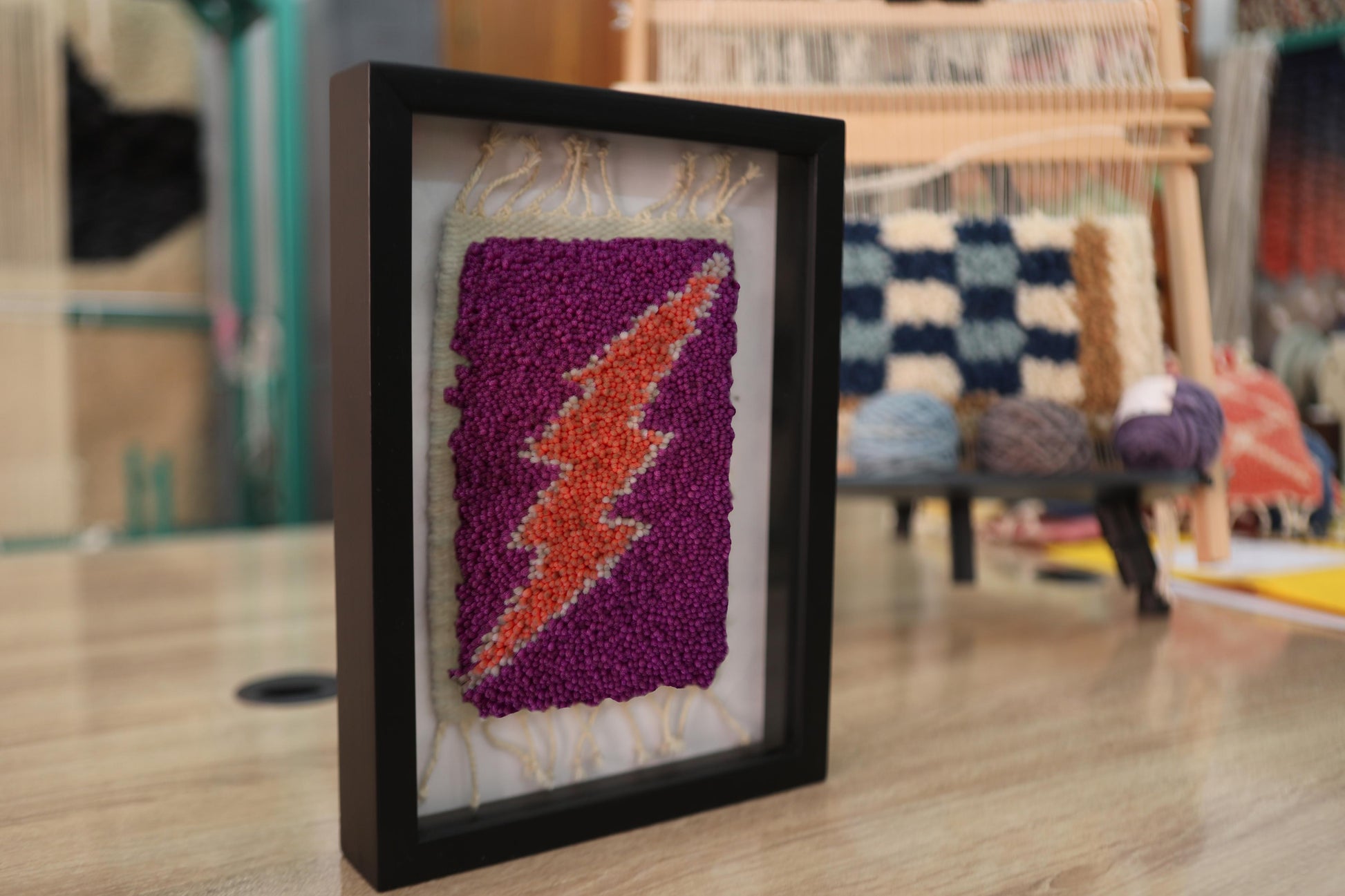 moroccan rug wall hanging, red orange lightning bolt textile, pink wool rug art, hand knotted fiber art, framed mini rug, boho moroccan decor, wool lightning art, 25x31 cm
