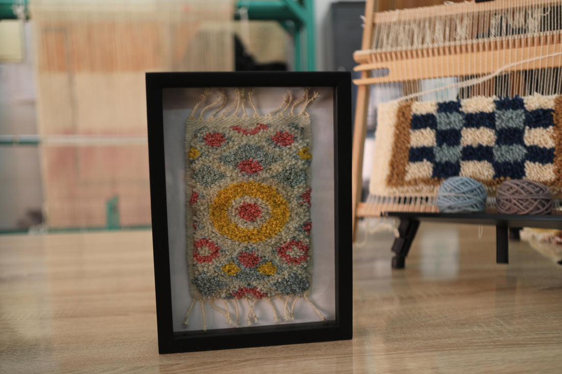 moroccan sunburst rug, hand-knotted wool wall hanging, mini framed rug decor, colorful boho textile art, knot by knot rug, sun rug moroccan design, 25x31 cm wall rug, artisan wool tapestry, handmade moroccan wall art
