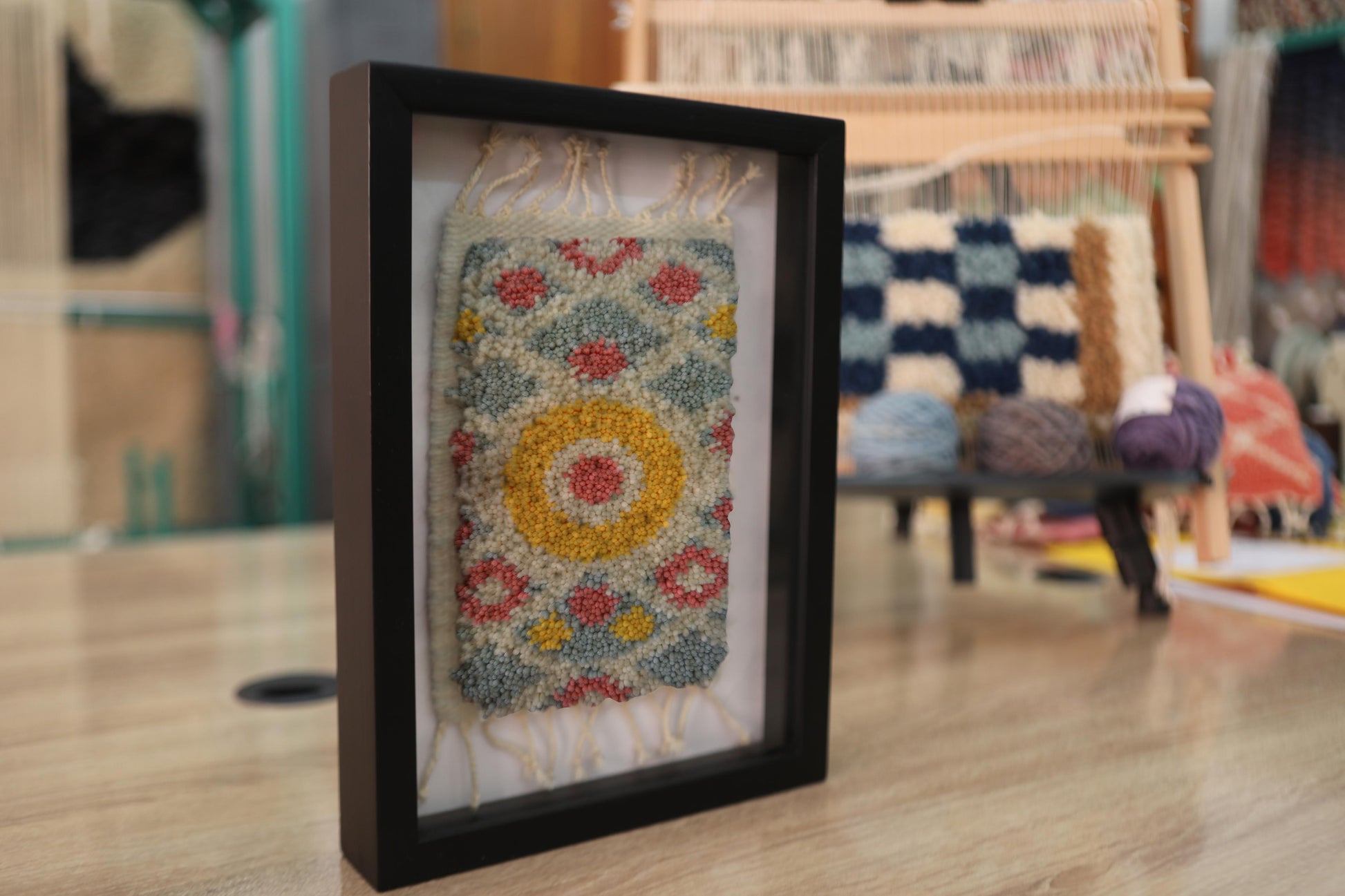 moroccan sunburst rug, hand-knotted wool wall hanging, mini framed rug decor, colorful boho textile art, knot by knot rug, sun rug moroccan design, 25x31 cm wall rug, artisan wool tapestry, handmade moroccan wall art
