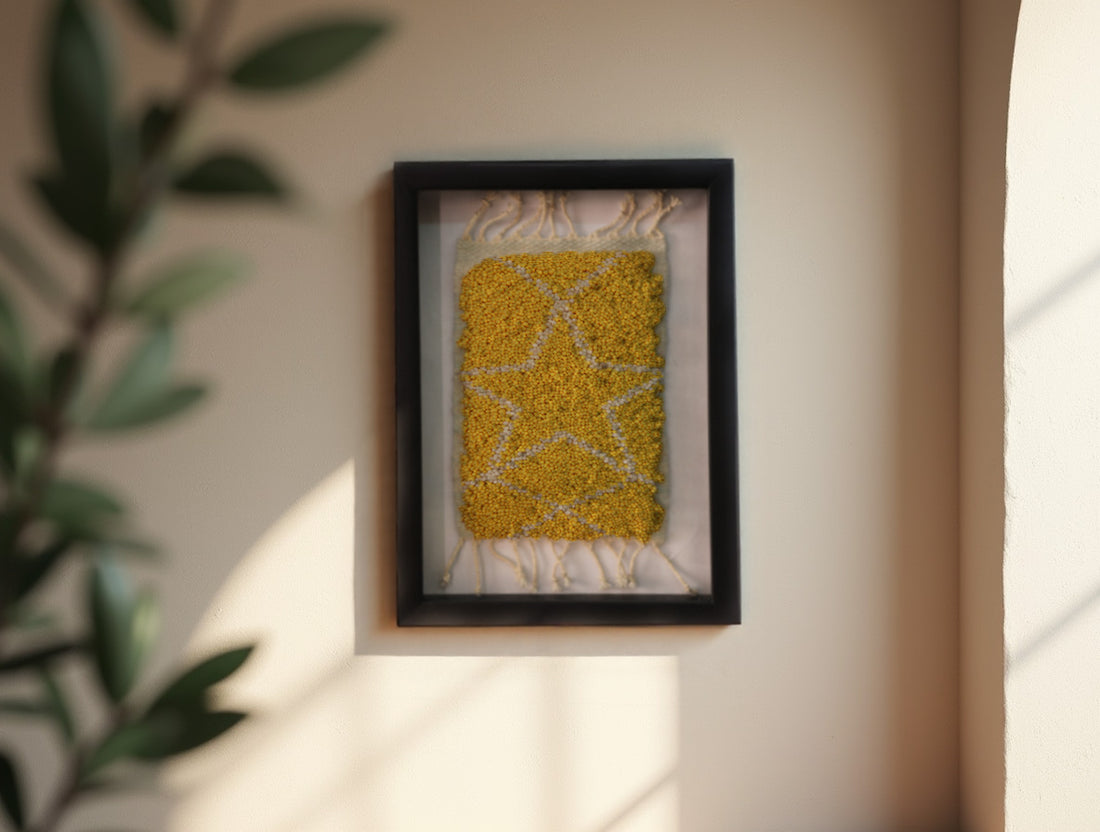 outlined star moroccan rug, yellow wool wall hanging, framed moroccan rug, hand-knotted wool art, celestial star wall decor, knot by knot rug, moroccan framed rug, wool tapestry 25x31 cm, handmade moroccan textile, bohemian wall art, artisan wool decor, yellow star rug
