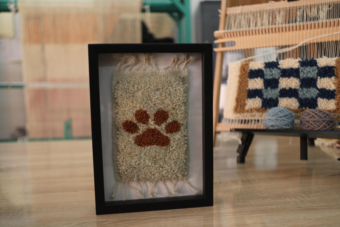 paw print rug, hand-knotted moroccan rug, framed wool wall art, pet tribute rug, mini moroccan wall hanging, moroccan textile art, dog lover decor, artisan paw rug, small rug framed, 25x31 cm rug
