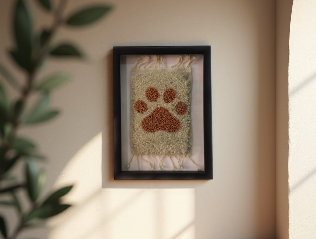 paw print rug, moroccan rug paw design, framed pet wall art, hand-knotted mini rug, dog lover gift, pet tribute decor, small moroccan wall hanging, artisan knotted rug, pet memorial textile, framed wool paw print rug
