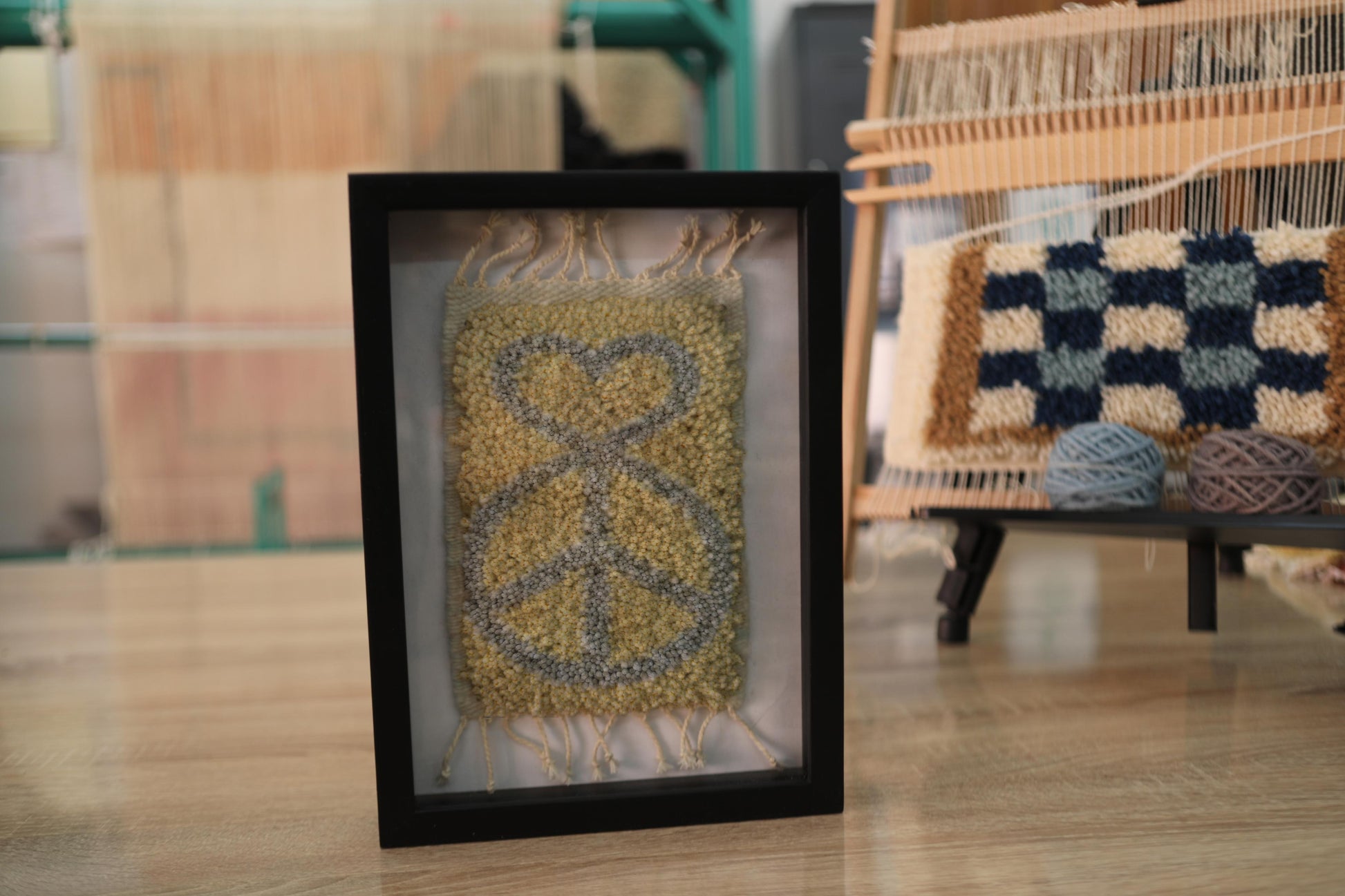 peace rug, moroccan rug, love infinity textile art, hand-knotted wool wall hanging, boho framed rug, knot by knot, mini moroccan tapestry, wool decor, peace and heart rug, 25x31 cm
