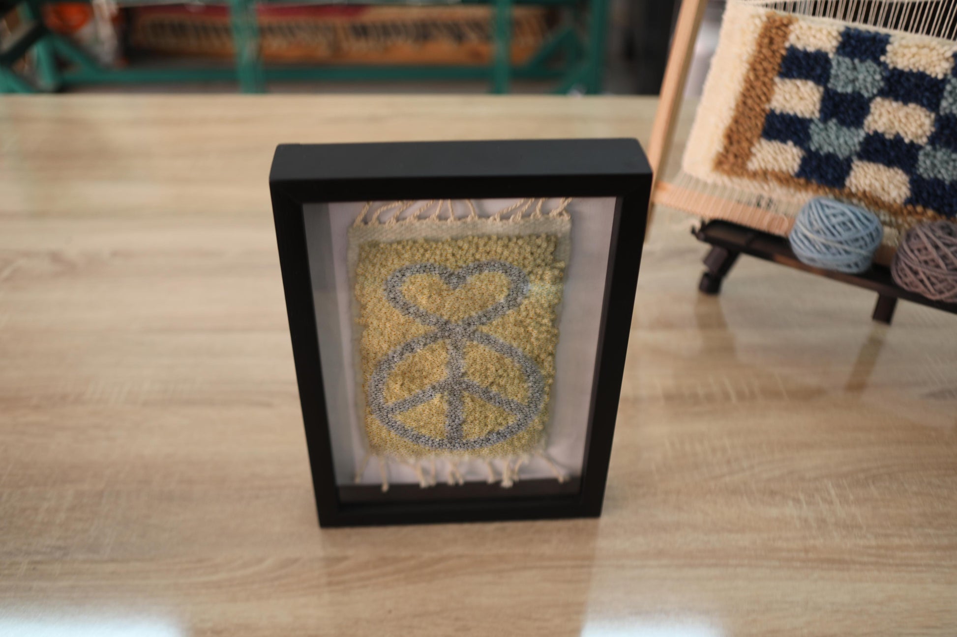peace rug, moroccan rug, love infinity textile art, hand-knotted wool wall hanging, boho framed rug, knot by knot, mini moroccan tapestry, wool decor, peace and heart rug, 25x31 cm

