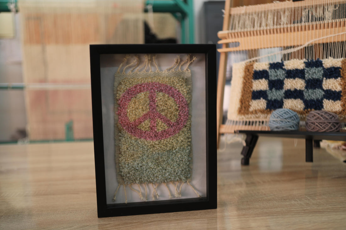 peace sign rug, moroccan rug, hand-knotted mini rug, framed rug art, wool wall hanging, boho decor, handmade rug art, knot by knot moroccan textile, peace wall art, 25x31 cm
