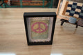 peace sign rug, moroccan rug, hand-knotted mini rug, framed rug art, wool wall hanging, boho decor, handmade rug art, knot by knot moroccan textile, peace wall art, 25x31 cm
