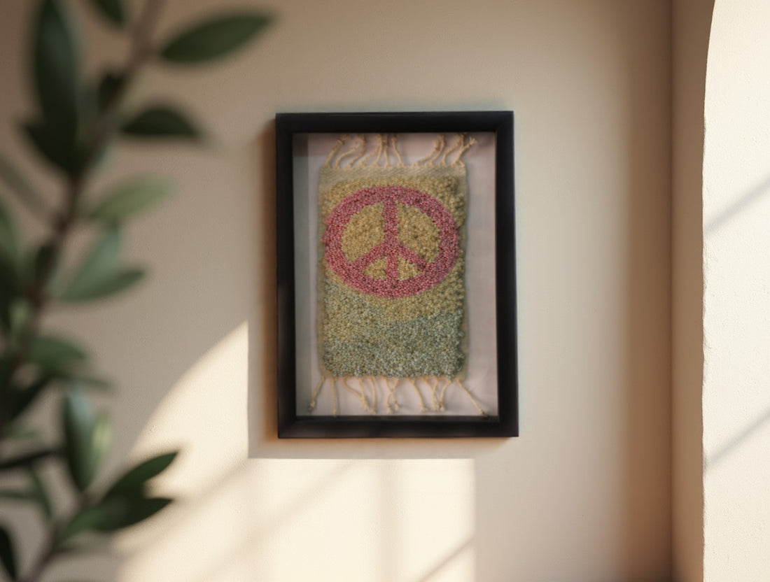 peace sign rug, moroccan rug, hand-knotted mini rug, framed rug art, wool wall hanging, boho decor, handmade rug art, knot by knot moroccan textile, peace wall art, 25x31 cm
