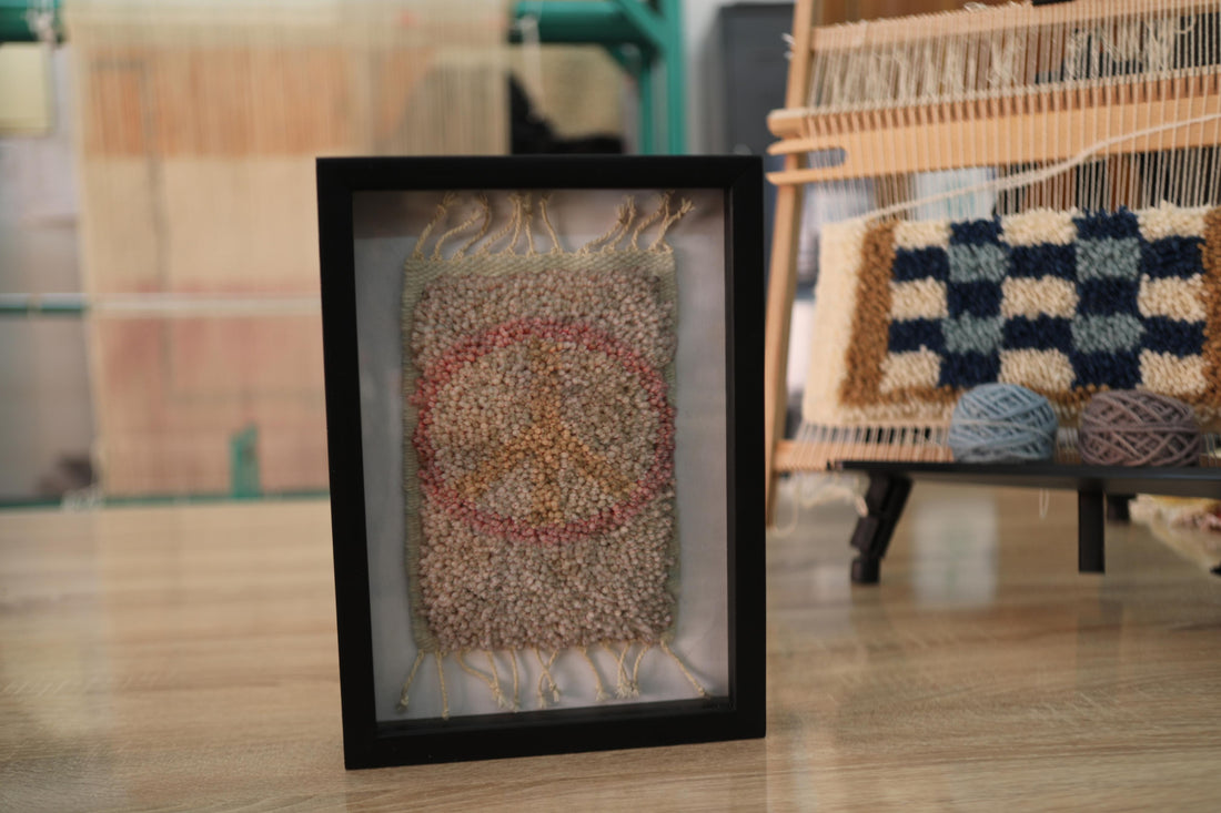 peace symbol rug, moroccan rug wall art, hand-knotted textile decor, wool peace wall hanging, boho mini tapestry, knot by knot rug, framed peace sign rug, moroccan handmade gift, 25x31 cm rug art

