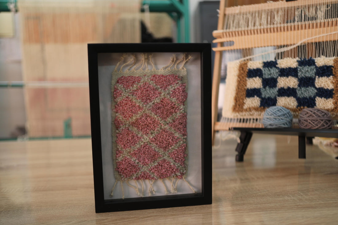 pink diamond moroccan rug, framed mini moroccan textile, hand-knotted pink rug art, wool wall hanging, moroccan decor, geometric rug pattern, knot by knot rug, pink and green moroccan rug, artisan handmade moroccan wall piece, 25x31 cm framed rug
