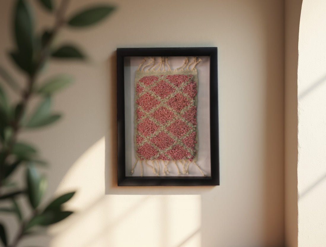 pink diamond moroccan rug, framed mini moroccan textile, hand-knotted pink rug art, wool wall hanging, moroccan decor, geometric rug pattern, knot by knot rug, pink and green moroccan rug, artisan handmade moroccan wall piece, 25x31 cm framed rug

