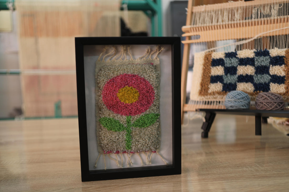 Pink Flower Mini Moroccan Rug – Framed Hand-Knotted Wall Hanging (25x31 cm)