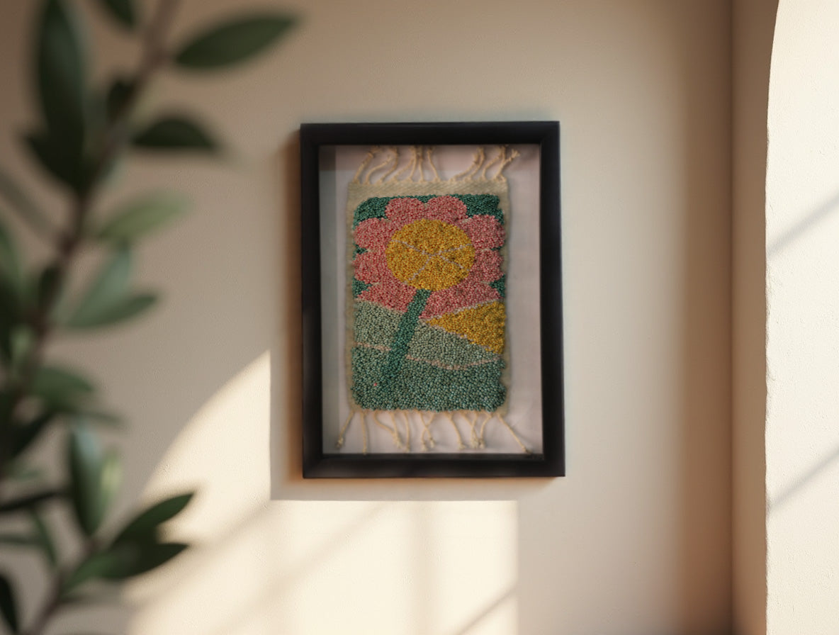 pink flower rug, moroccan rug wall art, hand-knotted wool textile, framed wool tapestry, retro floral rug decor, bohemian pink wall hanging, handmade moroccan mini rug, knot by knot rug, vintage flower wall art, 25x31 cm wool rug art
