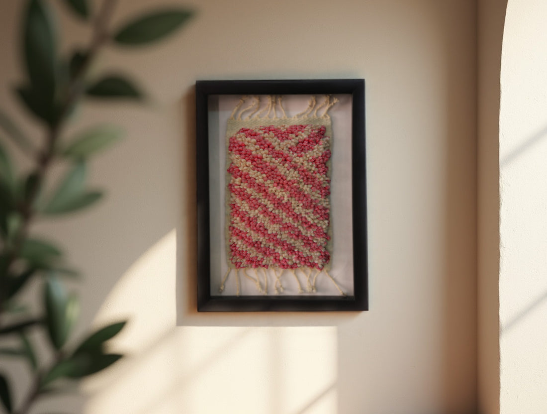 Add a burst of rhythm and softness to your space with this hand-knotted pink wave Moroccan rug wall art, crafted knot by knot in a 25x31 cm frame.
