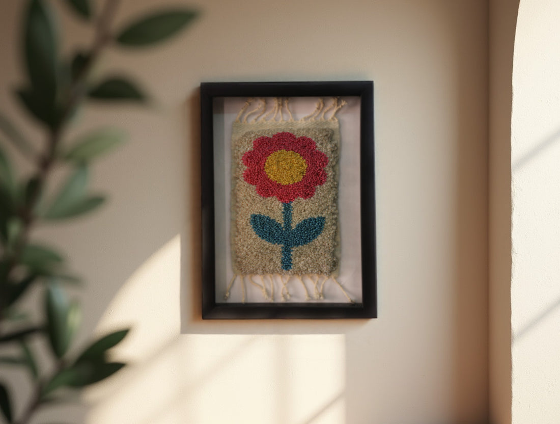 red flower wall rug, moroccan rug art, hand-knotted mini tapestry, wool framed textile, floral moroccan decor, boho flower rug, knot by knot wool wall hanging, framed flower rug, 25x31 cm wool art, mini moroccan wall rug

