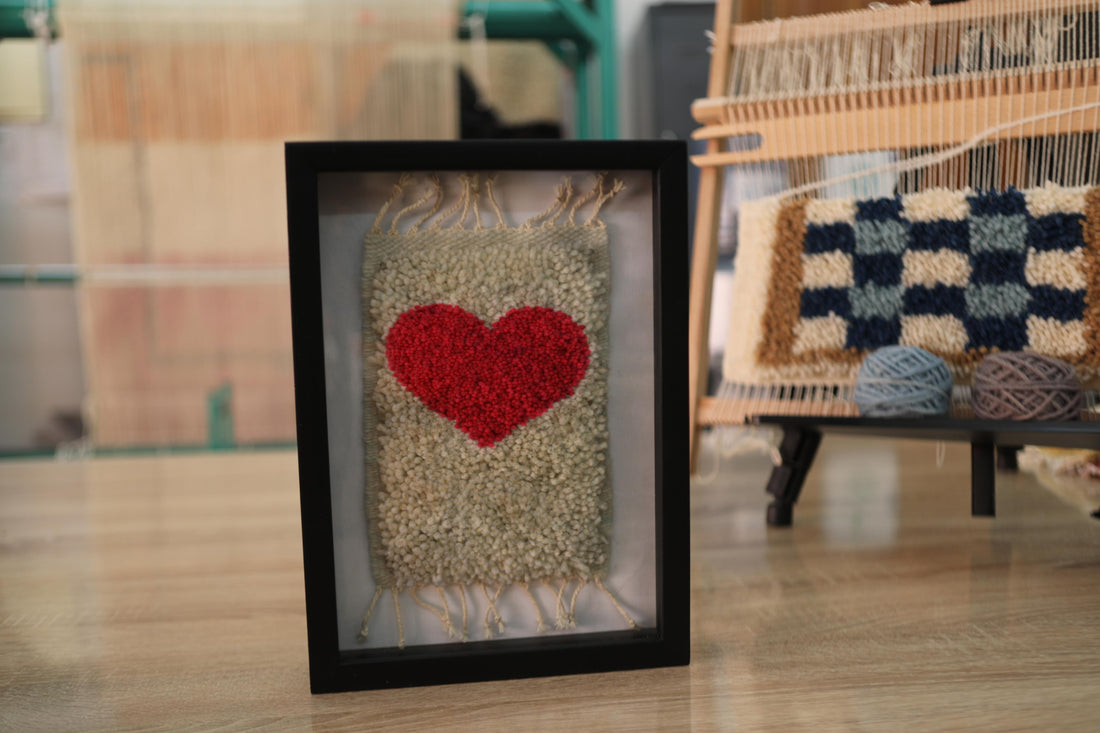 red heart rug, moroccan rug, hand-knotted wall art, framed textile decor, mini rug art, wool wall hanging, love art piece, moroccan handmade knot by knot, romantic gift decor
