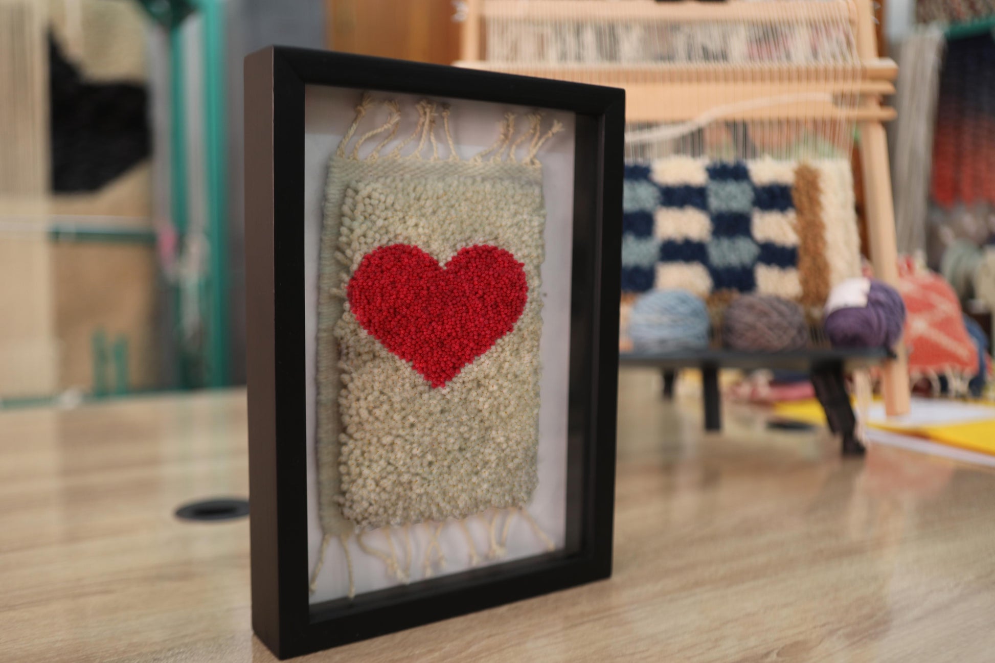 red heart rug, moroccan rug, hand-knotted wall art, framed textile decor, mini rug art, wool wall hanging, love art piece, moroccan handmade knot by knot, romantic gift decor
