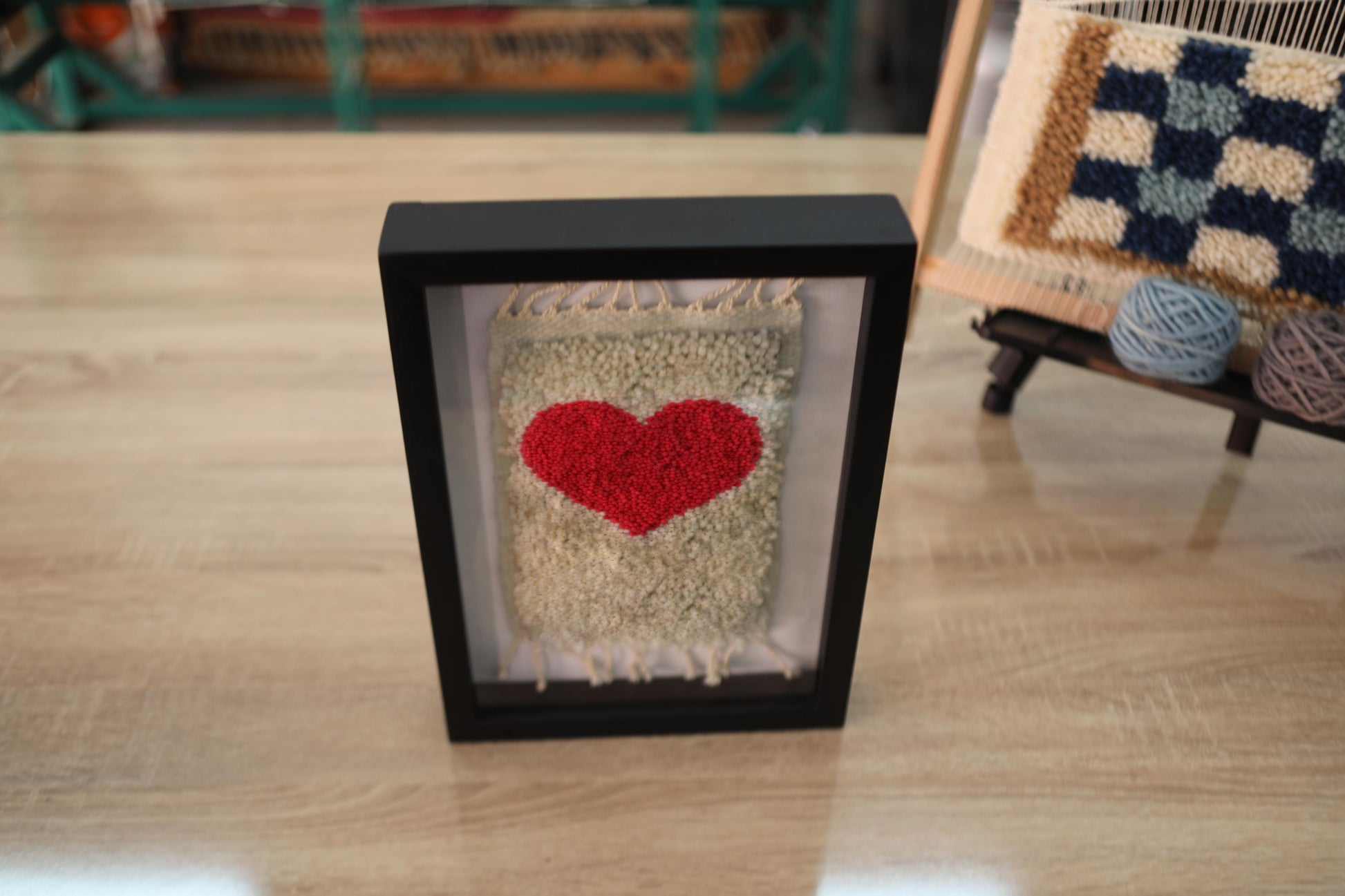 red heart rug, moroccan rug, hand-knotted wall art, framed textile decor, mini rug art, wool wall hanging, love art piece, moroccan handmade knot by knot, romantic gift decor
