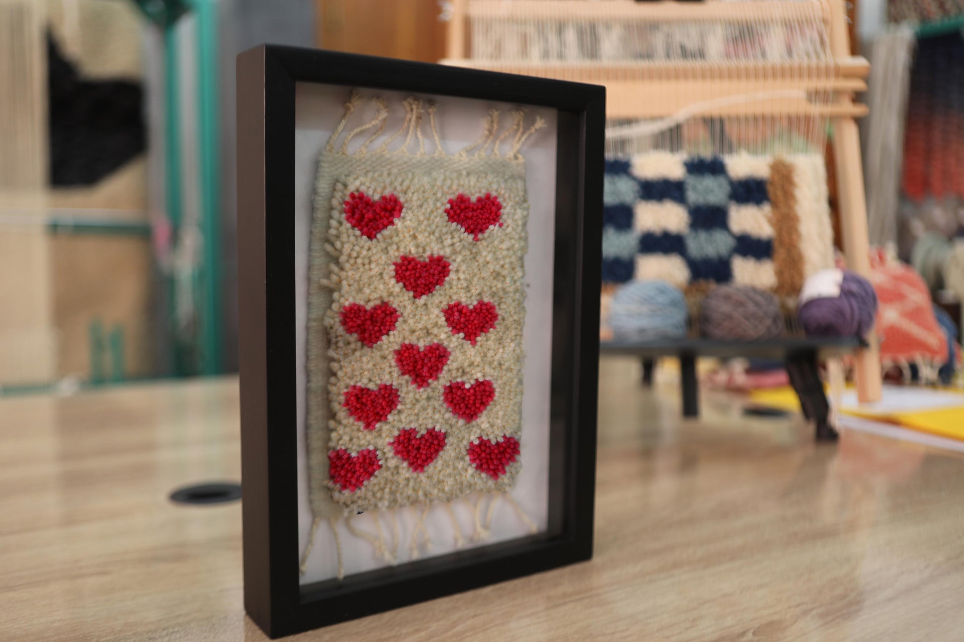 red hearts rug, moroccan rug, love wall art, hand-knotted textile, mini wool rug decor, romantic gift idea, framed handmade moroccan rug, knot by knot rug, artisan wool wall hanging
