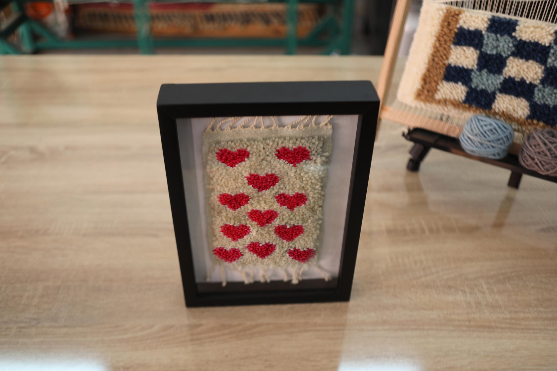 red hearts rug, moroccan rug, love wall art, hand-knotted textile, mini wool rug decor, romantic gift idea, framed handmade moroccan rug, knot by knot rug, artisan wool wall hanging
