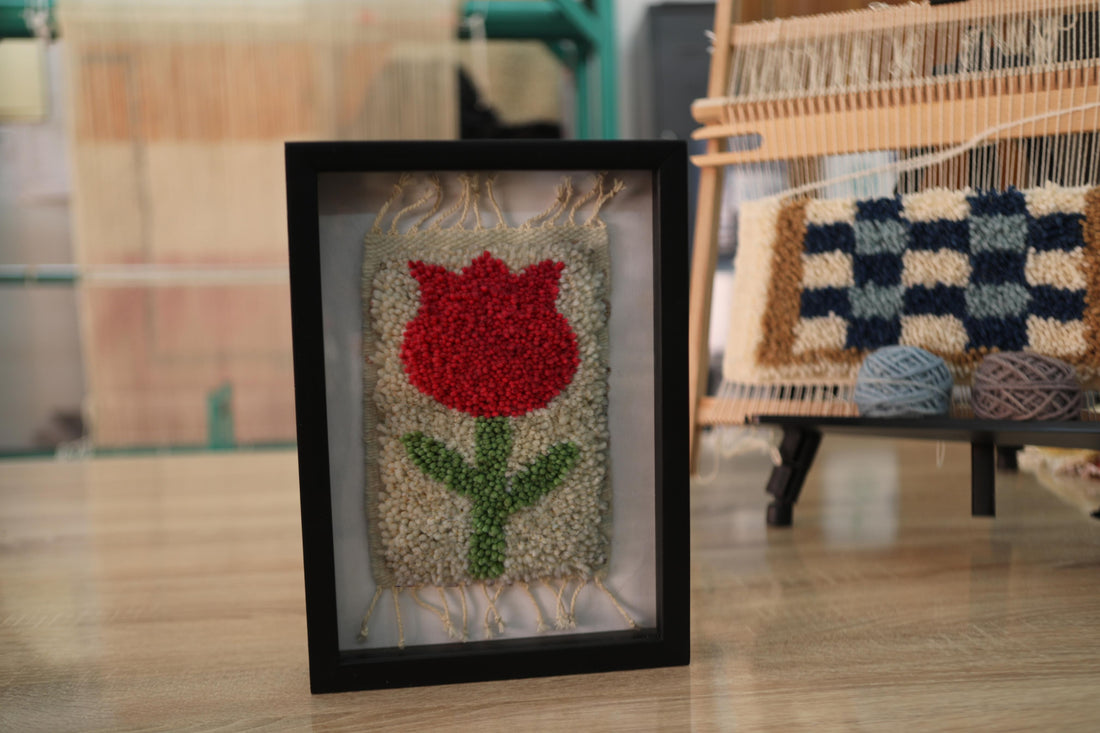 red rose moroccan rug, handmade rose wall art, wool floral tapestry, knot by knot moroccan rug, rose rug wall decor, bohemian textile art, artisan wool wall hanging, red rose mini rug, framed moroccan flower rug, 25x31 cm wall art
