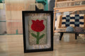 red rose moroccan rug, handmade rose wall art, wool floral tapestry, knot by knot moroccan rug, rose rug wall decor, bohemian textile art, artisan wool wall hanging, red rose mini rug, framed moroccan flower rug, 25x31 cm wall art
