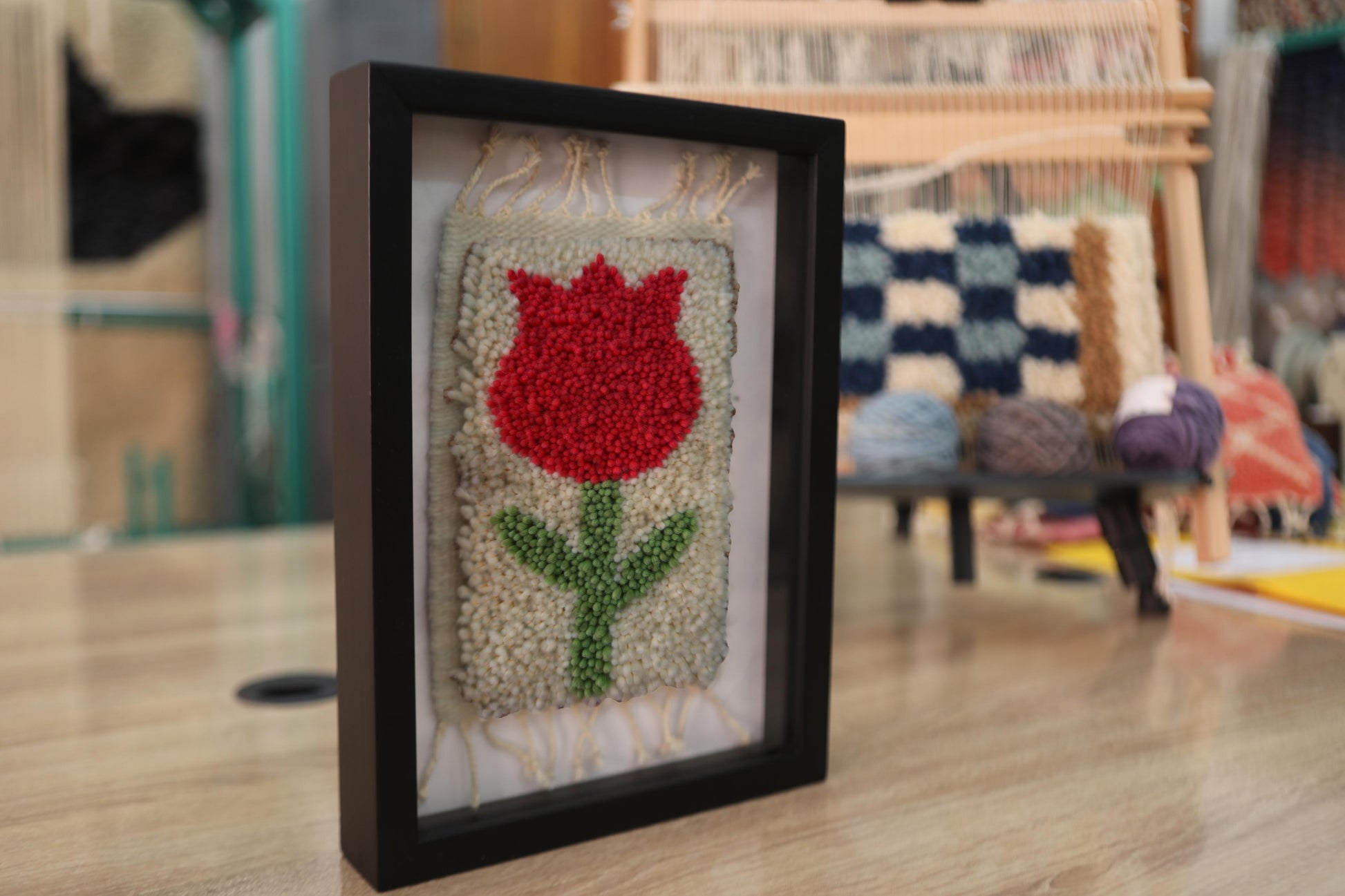 red rose moroccan rug, handmade rose wall art, wool floral tapestry, knot by knot moroccan rug, rose rug wall decor, bohemian textile art, artisan wool wall hanging, red rose mini rug, framed moroccan flower rug, 25x31 cm wall art

