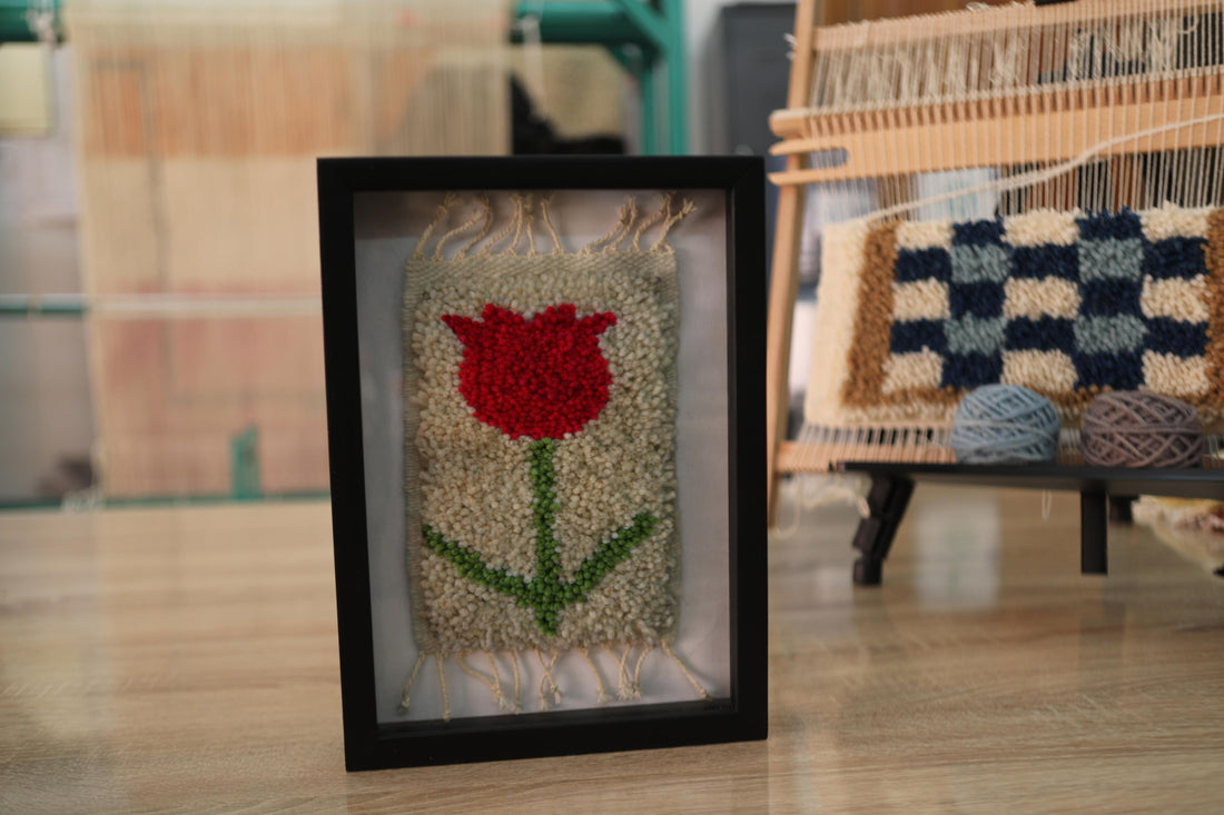 red tulip moroccan rug, hand-knotted wool wall art, floral rug wall decor, miniature tapestry, boho textile art, tulip wool embroidery, moroccan knot by knot rug, framed flower rug, handmade moroccan art, 25x31 cm mini rug
