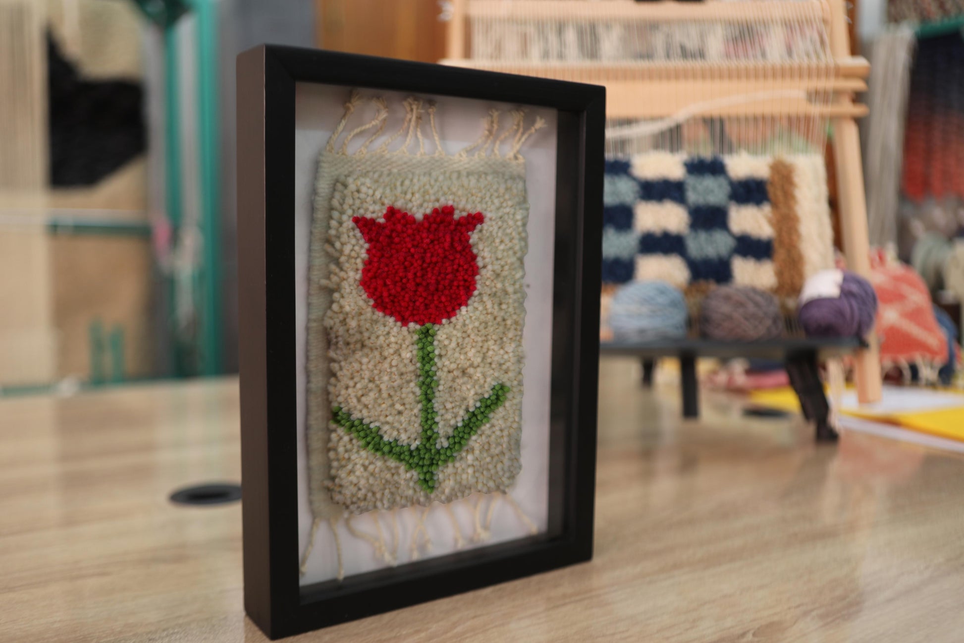 red tulip moroccan rug, hand-knotted wool wall art, floral rug wall decor, miniature tapestry, boho textile art, tulip wool embroidery, moroccan knot by knot rug, framed flower rug, handmade moroccan art, 25x31 cm mini rug

