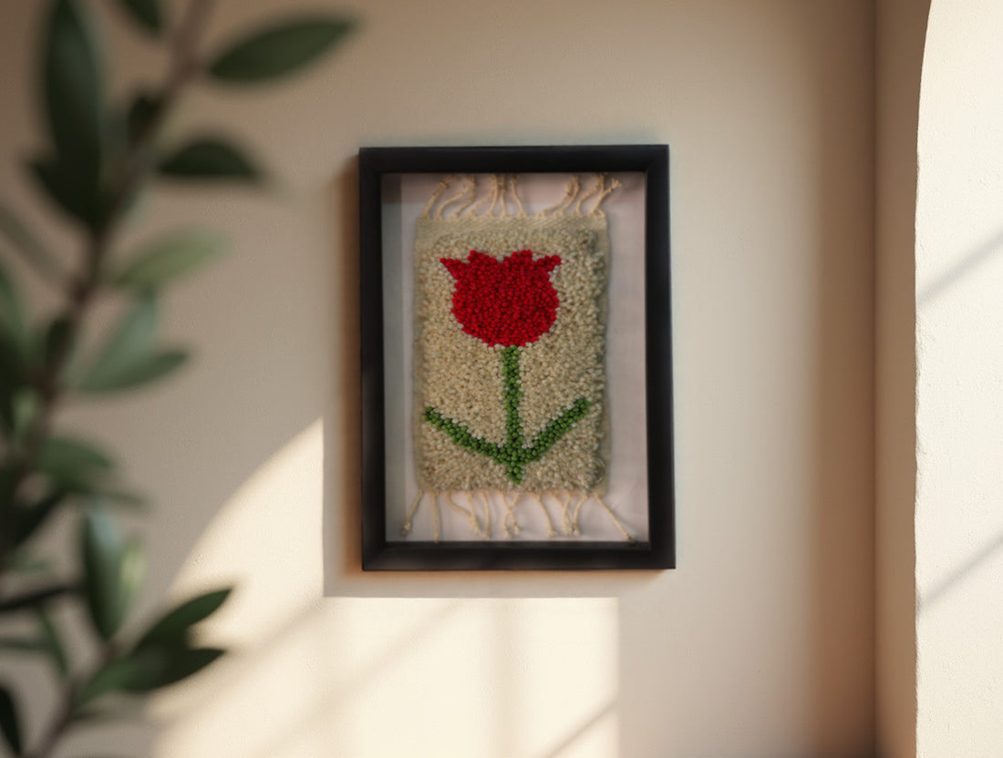 red tulip moroccan rug, hand-knotted wool wall art, floral rug wall decor, miniature tapestry, boho textile art, tulip wool embroidery, moroccan knot by knot rug, framed flower rug, handmade moroccan art, 25x31 cm mini rug
