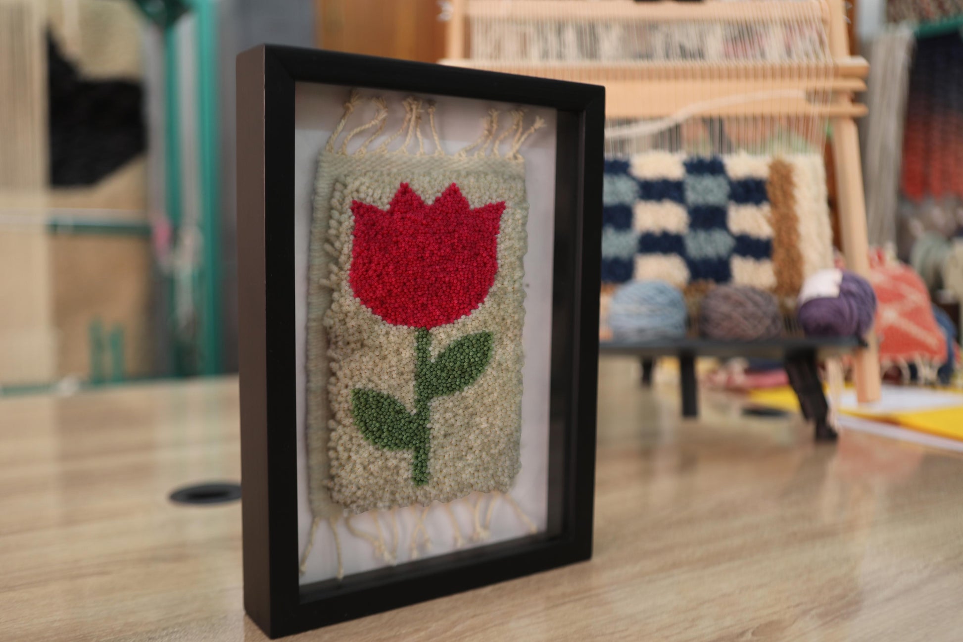 red tulip moroccan rug, hand knotted wall art, wool floral tapestry, boho framed mini rug, tulip flower wall hanging, moroccan decor, tulip rug knot by knot, 25x31 cm framed rug art, handmade botanical textile, tulip art piece
