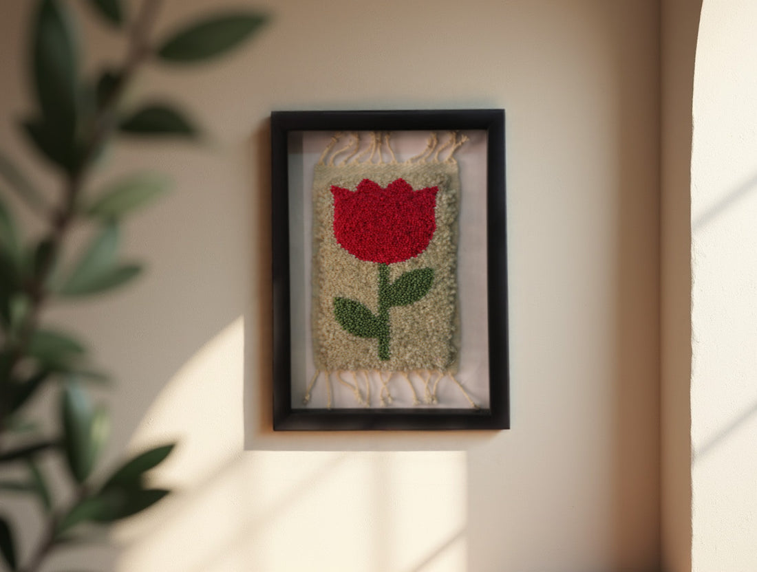 red tulip moroccan rug, hand knotted wall art, wool floral tapestry, boho framed mini rug, tulip flower wall hanging, moroccan decor, tulip rug knot by knot, 25x31 cm framed rug art, handmade botanical textile, tulip art piece
