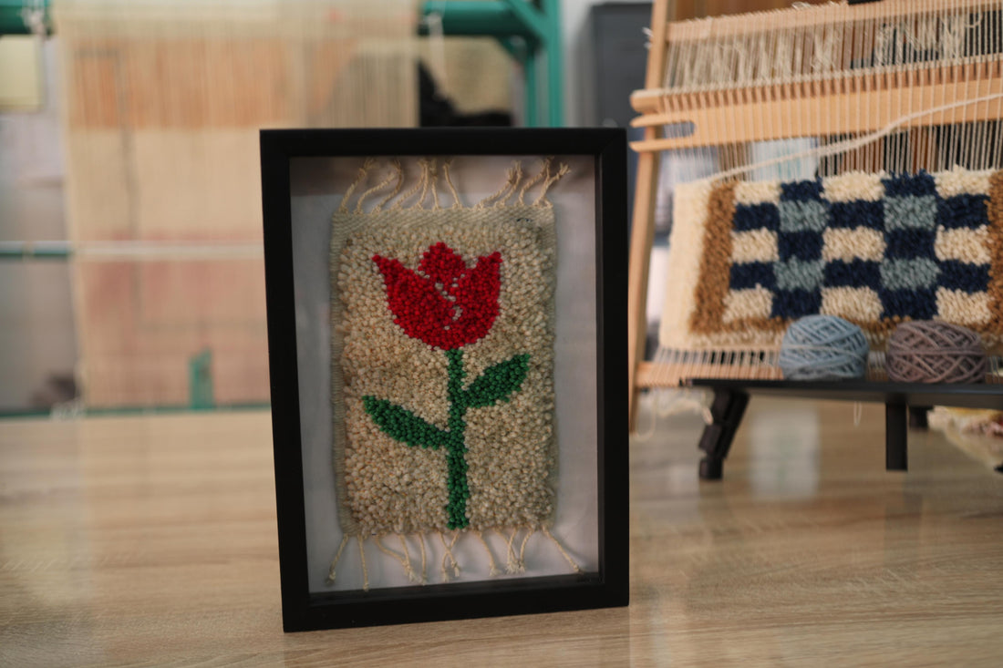 red tulip moroccan rug, handmade tulip wall art, wool floral tapestry, knot by knot rug art, tulip rug wall decor, framed boho wool art, mini moroccan tapestry, artisan rug wall hanging, 25x31 cm red flower rug, handcrafted moroccan wall art
