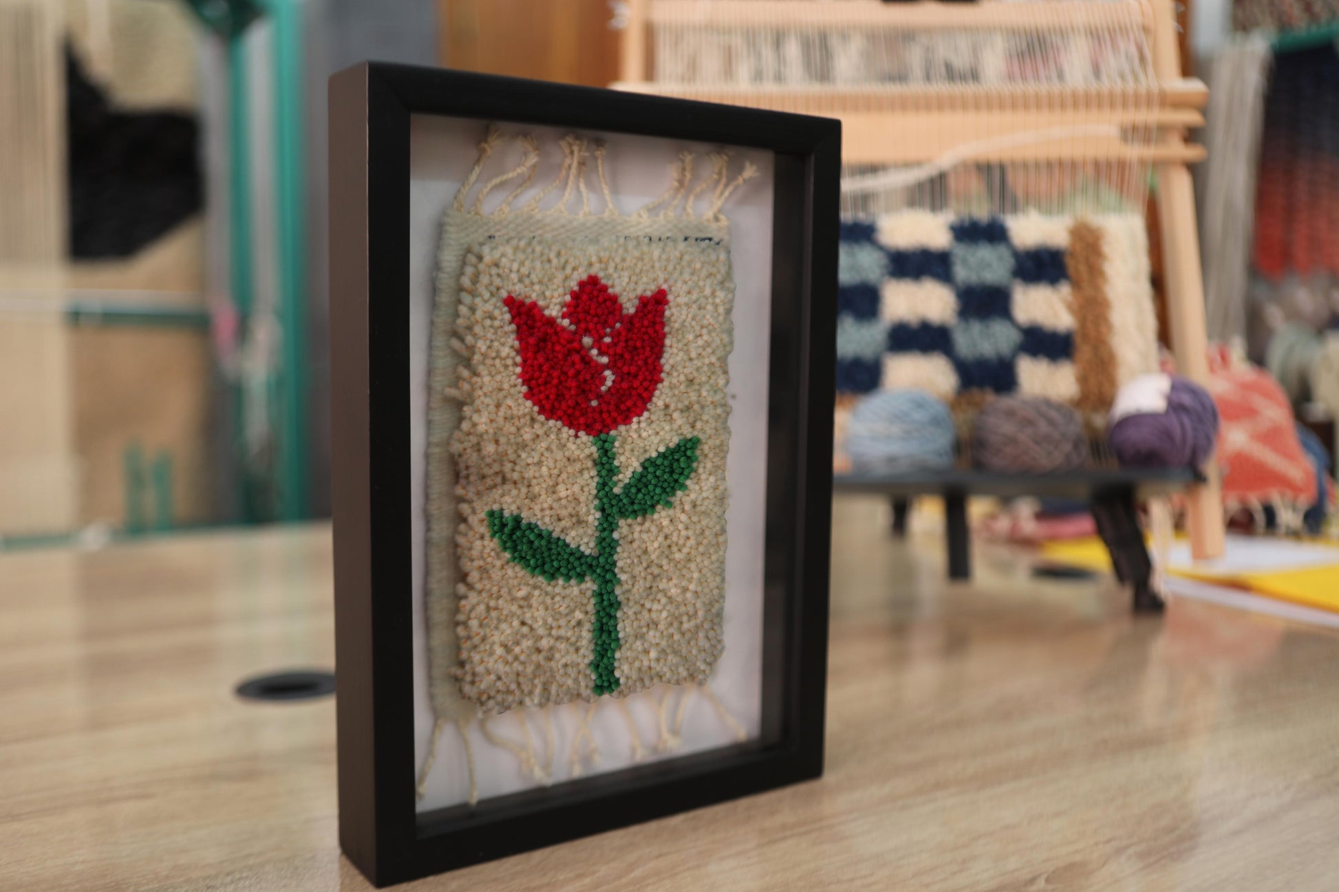 red tulip moroccan rug, handmade tulip wall art, wool floral tapestry, knot by knot rug art, tulip rug wall decor, framed boho wool art, mini moroccan tapestry, artisan rug wall hanging, 25x31 cm red flower rug, handcrafted moroccan wall art

