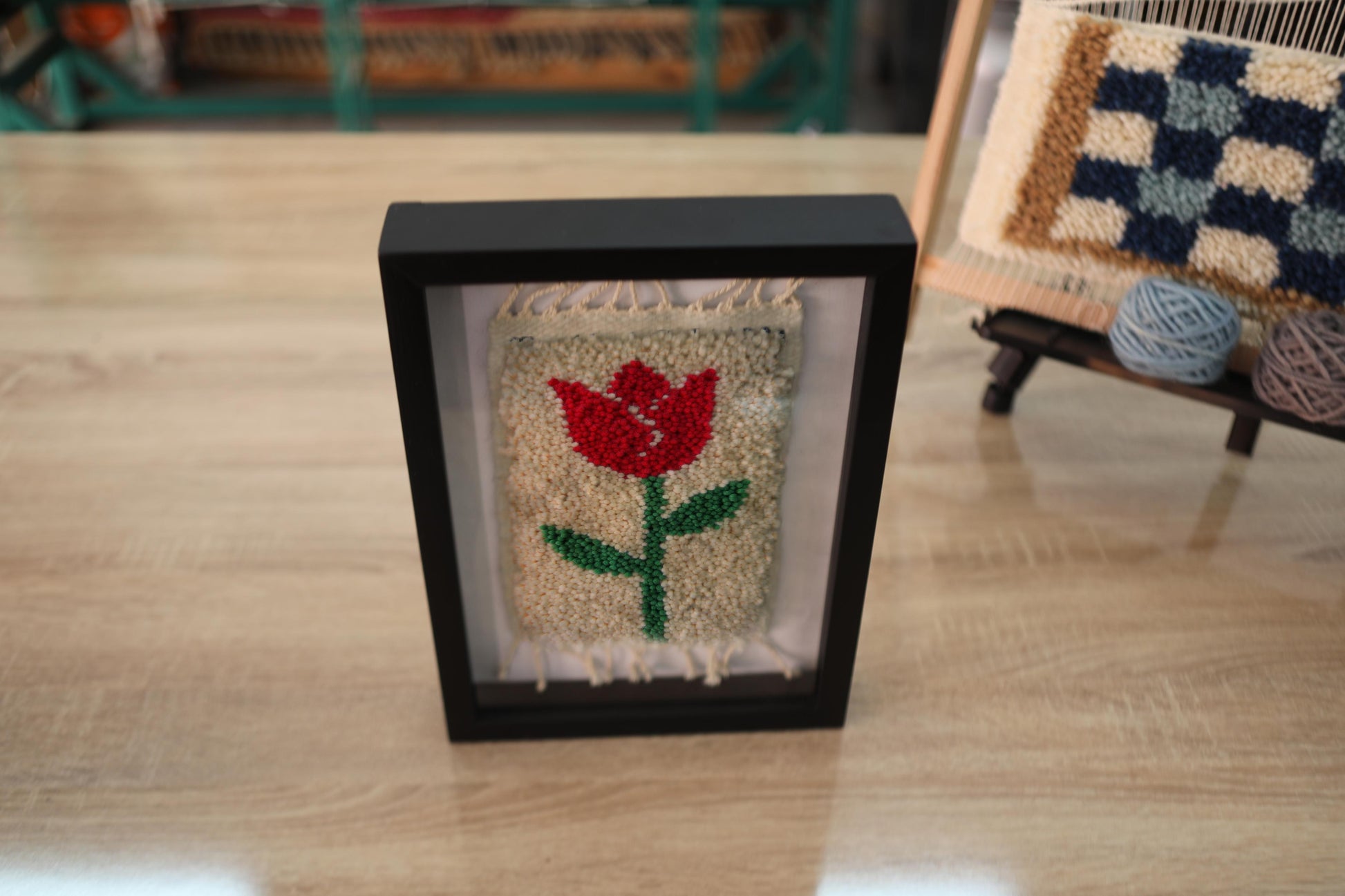 red tulip moroccan rug, handmade tulip wall art, wool floral tapestry, knot by knot rug art, tulip rug wall decor, framed boho wool art, mini moroccan tapestry, artisan rug wall hanging, 25x31 cm red flower rug, handcrafted moroccan wall art
