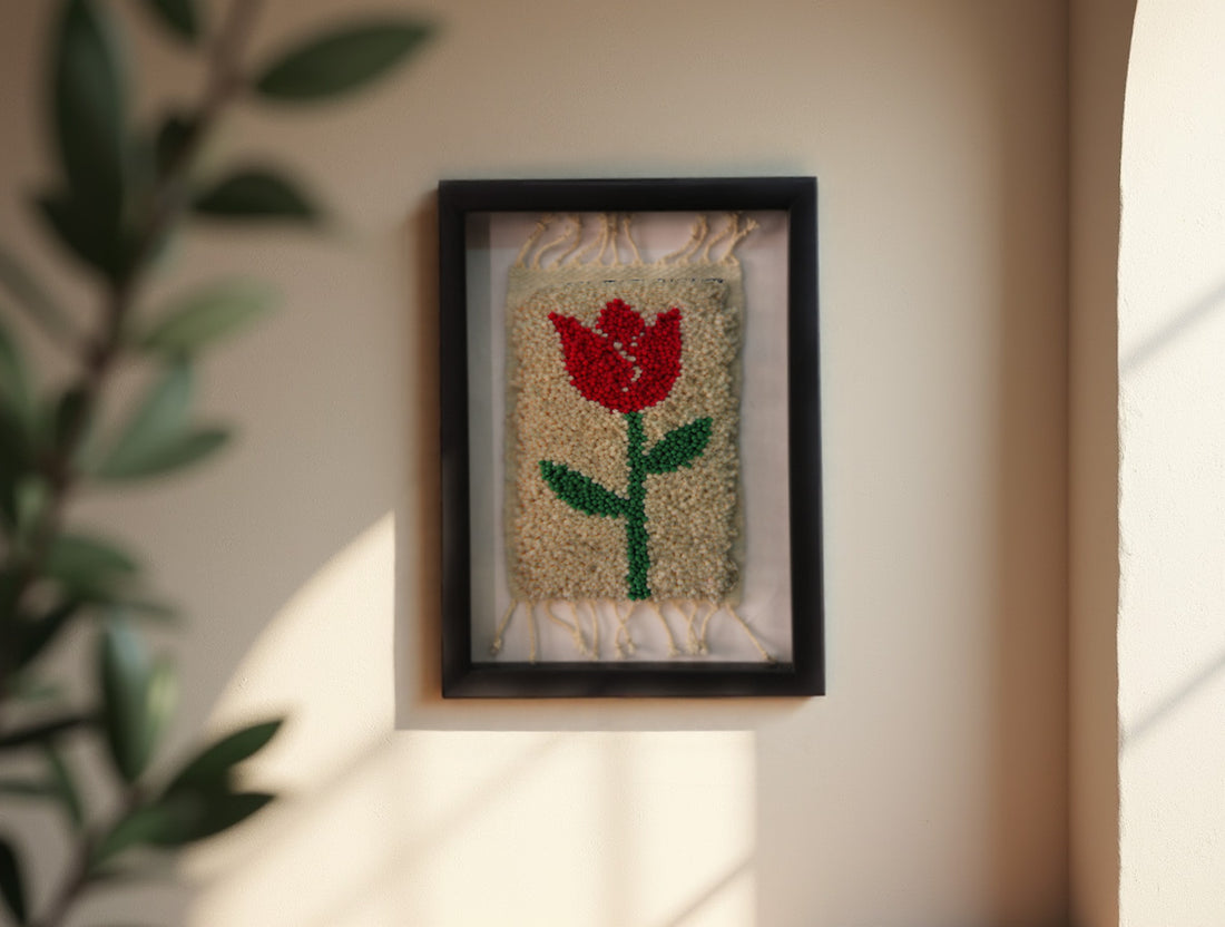 red tulip moroccan rug, handmade tulip wall art, wool floral tapestry, knot by knot rug art, tulip rug wall decor, framed boho wool art, mini moroccan tapestry, artisan rug wall hanging, 25x31 cm red flower rug, handcrafted moroccan wall art
