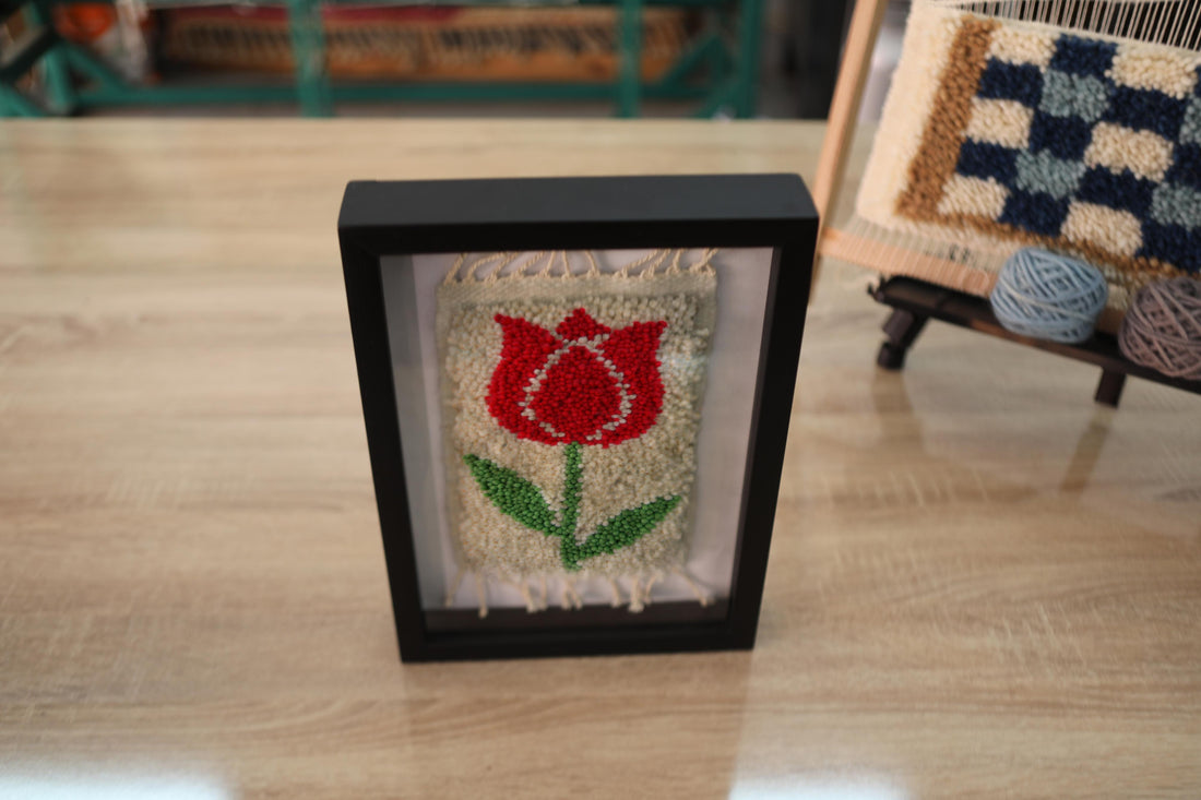 Hand-Knotted Red Tulip Moroccan Rug Wall Art – Framed Mini Tapestry (25x31 cm)