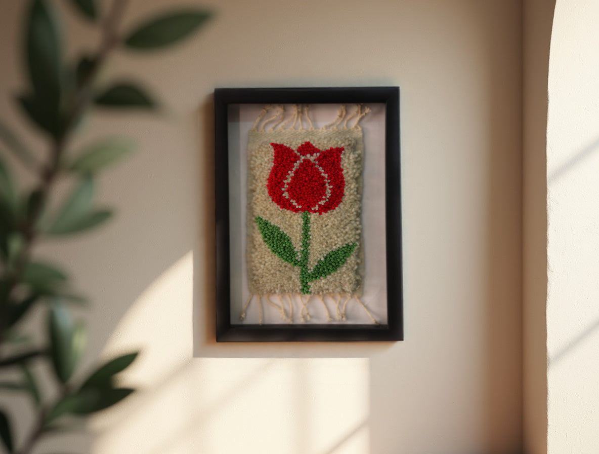 Hand-Knotted Red Tulip Moroccan Rug Wall Art – Framed Mini Tapestry (25x31 cm)